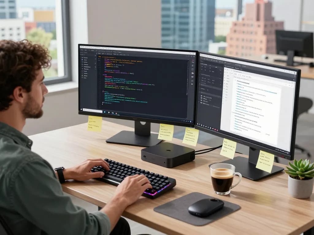 Developer using Moltbot Mac setup in a modern workspace with code and documentation.