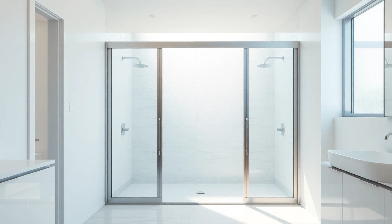 Stylish shower sliding doors enhancing a modern bathroom space with natural lighting.