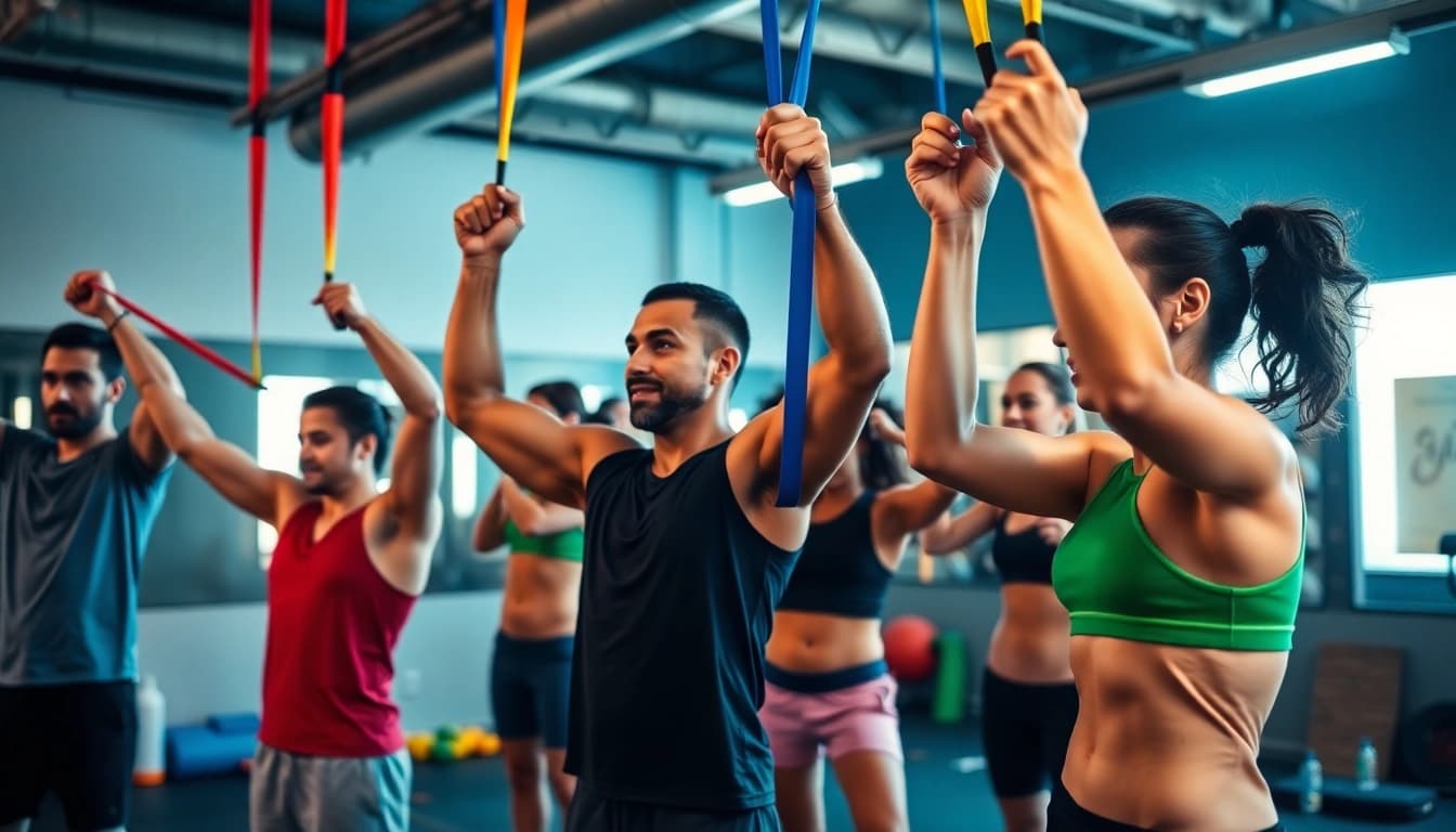 Individuals using a pull-up assist band in a fitness gym, showcasing strength and collaboration.
