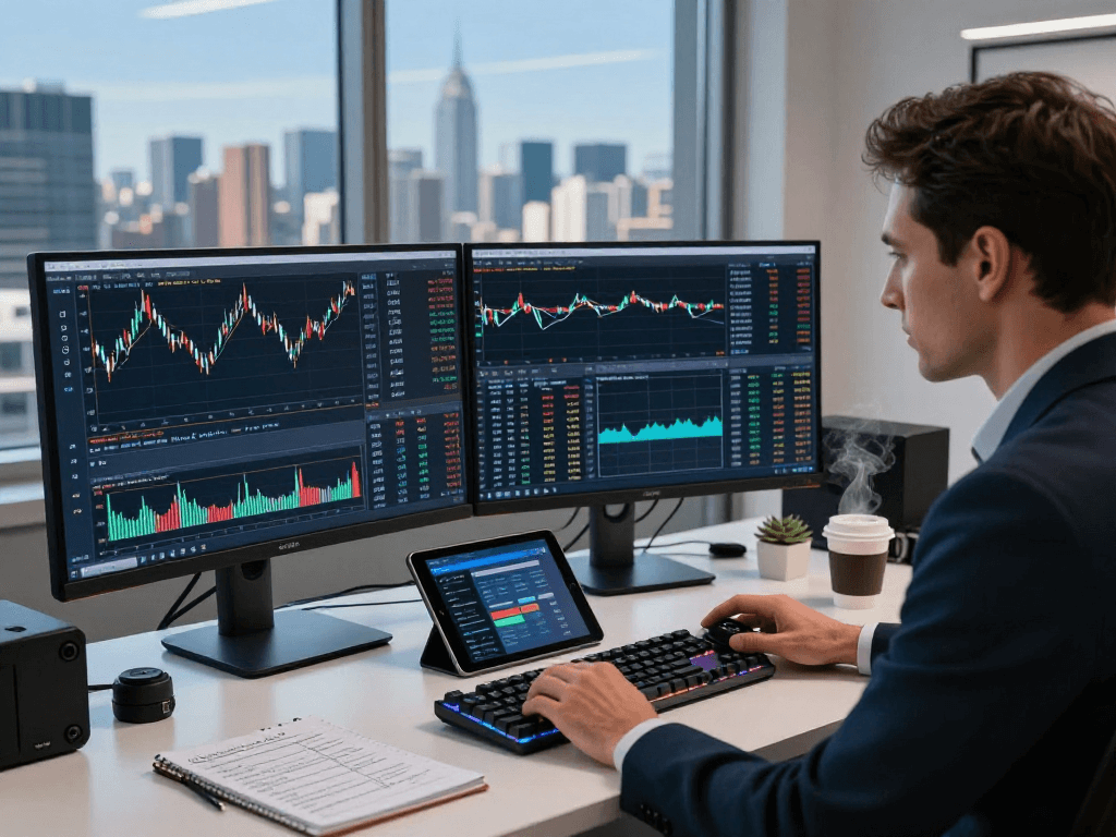 Trader analyzing TradingView charts on dual monitors in a modern office.