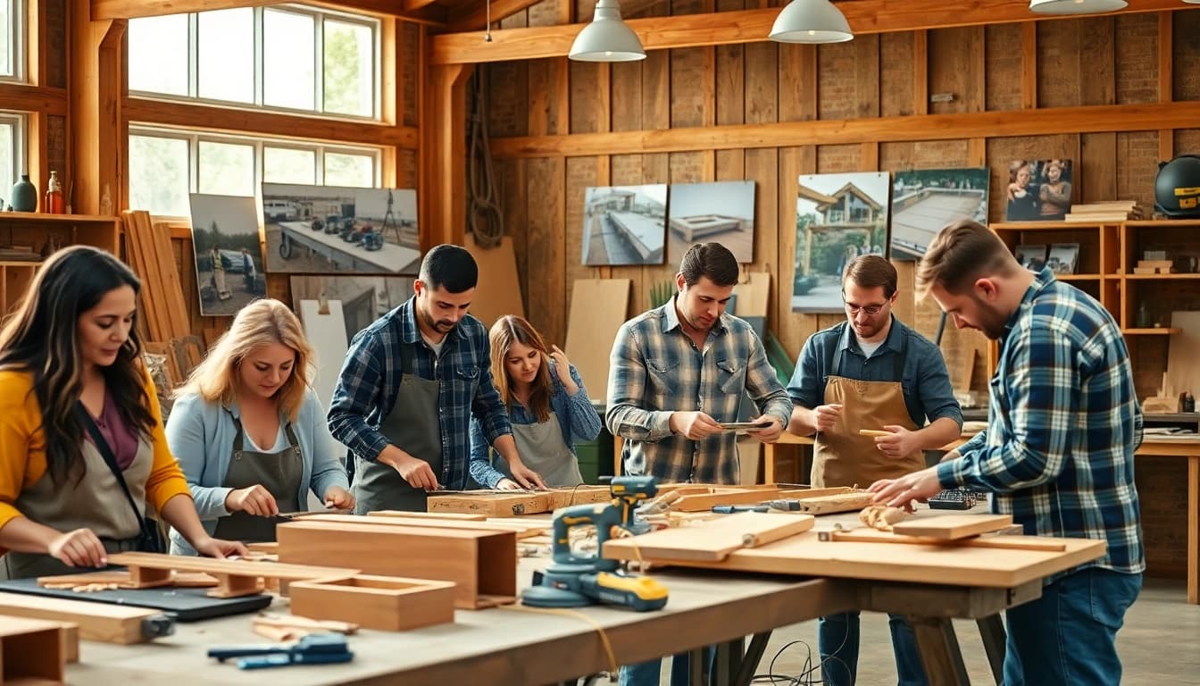Participants actively engaged in construction classes, showcasing skills in a bright workshop environment.