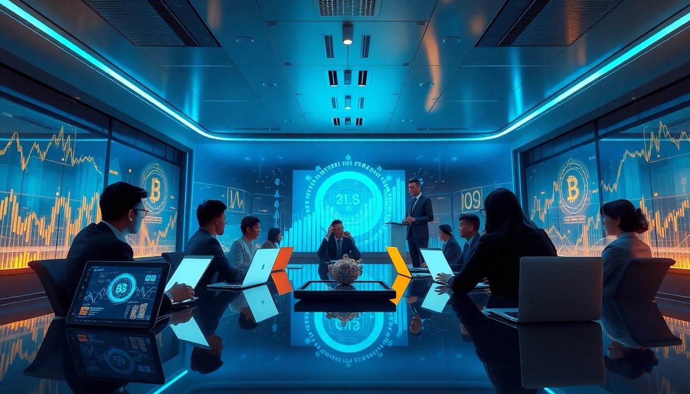 Illustration of ICO concept in a high-tech financial setting with professionals discussing cryptocurrency.