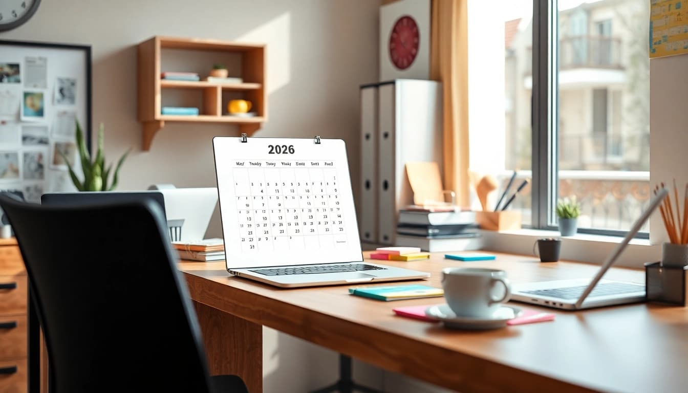 2026 calendar PDF displayed in a modern workspace with a laptop and coffee.