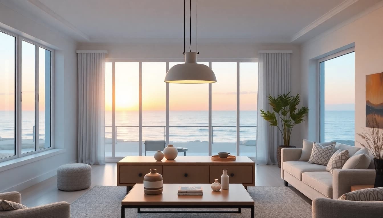 Illuminate your space with an elegant island light in a cozy coastal setting.
