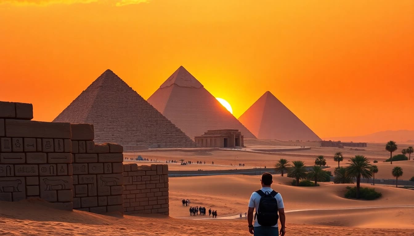 Capture the grandeur of the Great Pyramids of Giza at sunset with https://piraminds.com/ as a backdrop.
