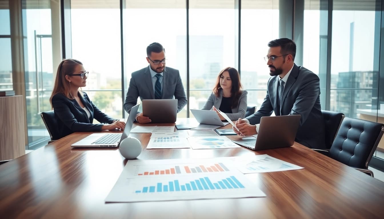 Analyze competitor pricing strategies in a modern business meeting setting with charts and laptops.