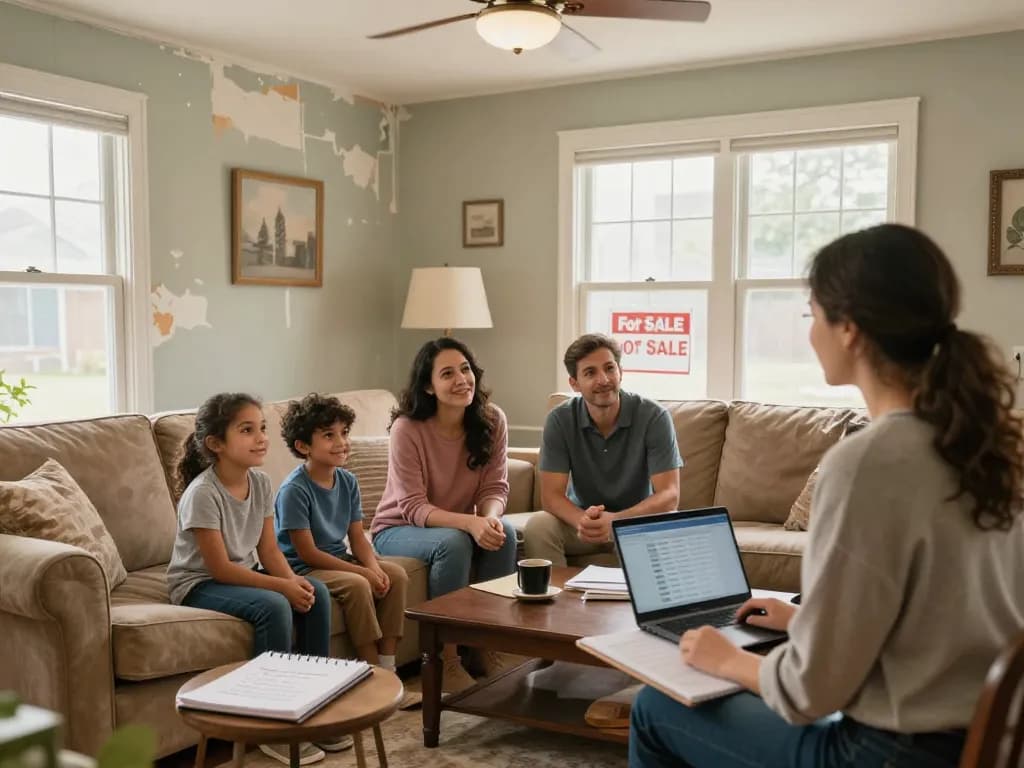 Family discussing how to sell house without repairs in a cozy living room.
