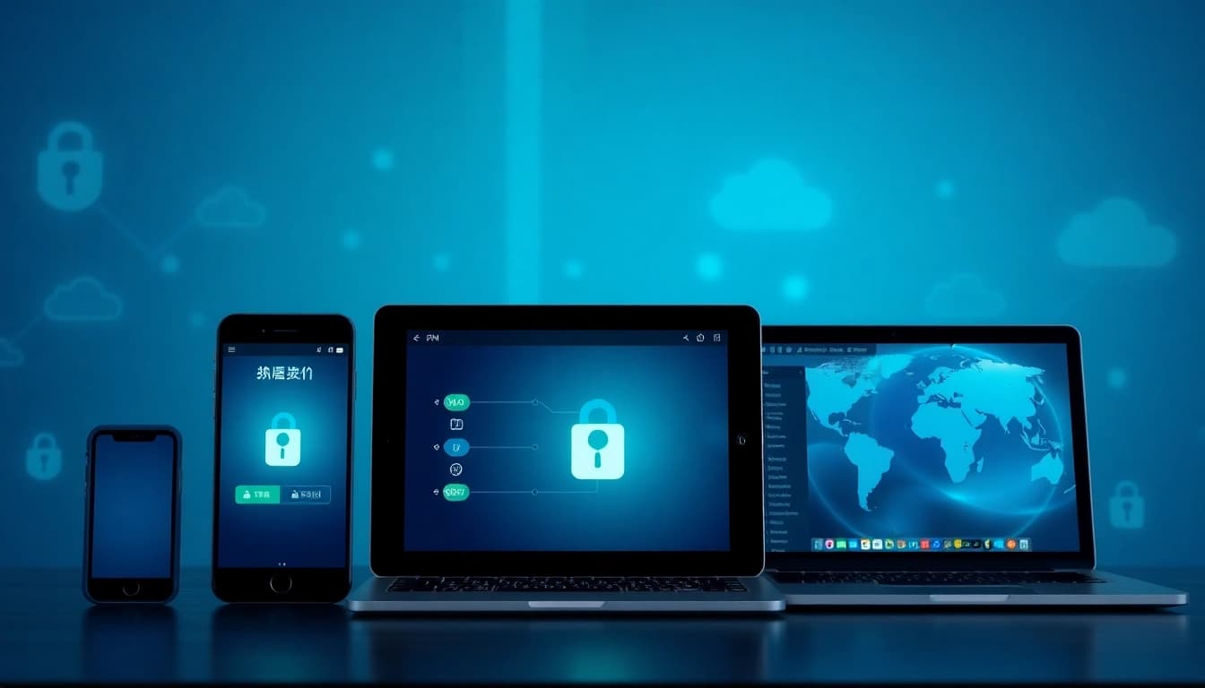 展示多设备无缝连接的快连 VPN 应用界面，象征安全与全球互联。