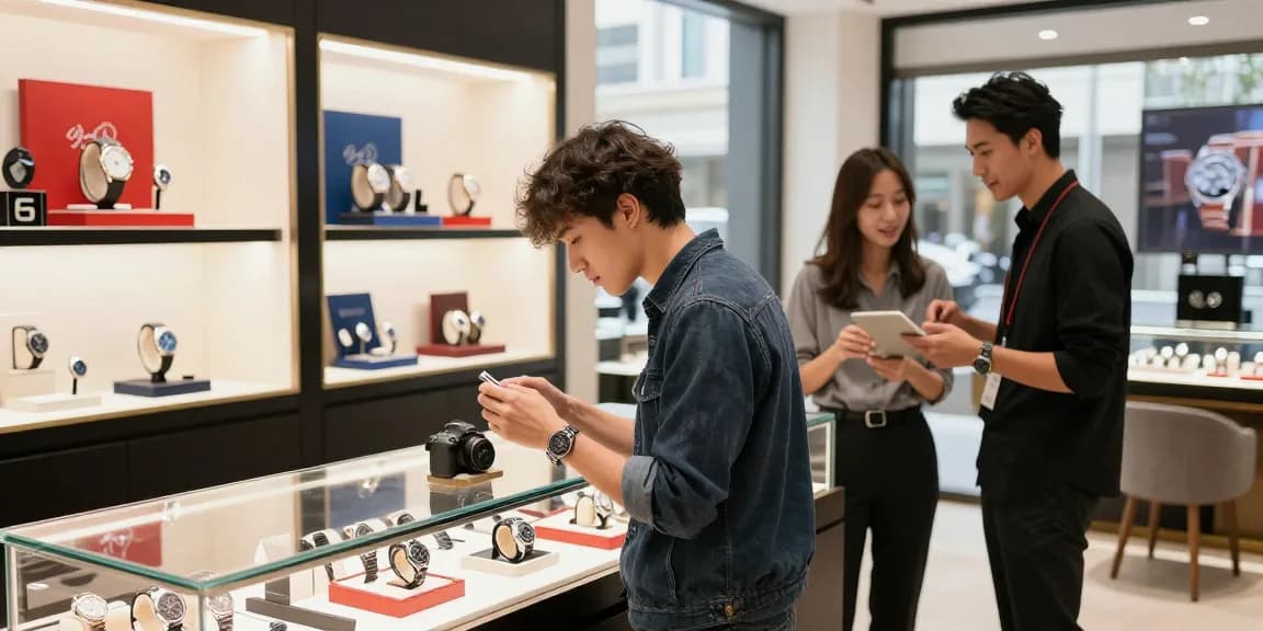 Stylish shopper exploring high-end 시계 레플리카 in vibrant e-commerce store, showcasing luxury items.