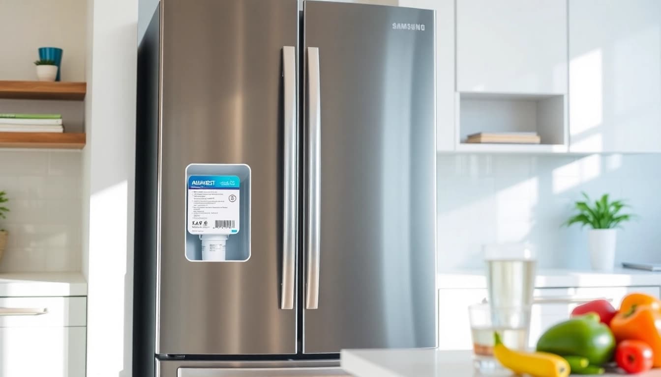 AQUA CREST DA97-17376B Replacement for Samsung DA97-08006C visible in a modern kitchen with fresh produce.