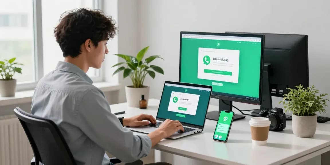 Professional downloading WhatsApp下載 on a sleek laptop in a modern office.