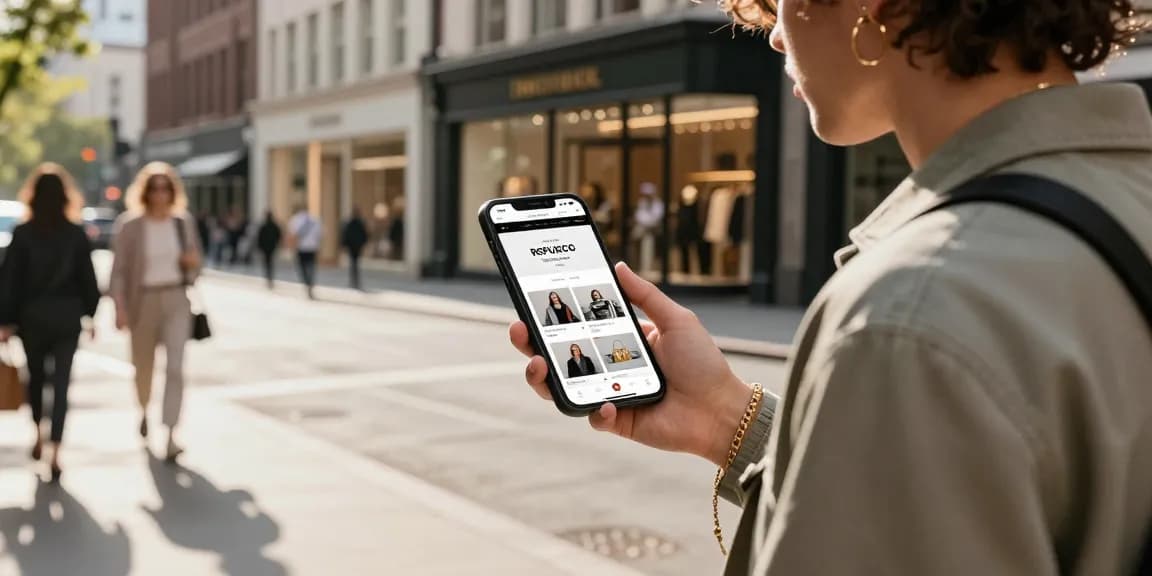 Trendy individual browsing a 레플리카 사이트 on a mobile device in a vibrant urban street scene.