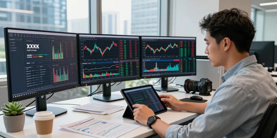 Trader engaged with the XXKK Crypto Exchange platform in a modern office setting.