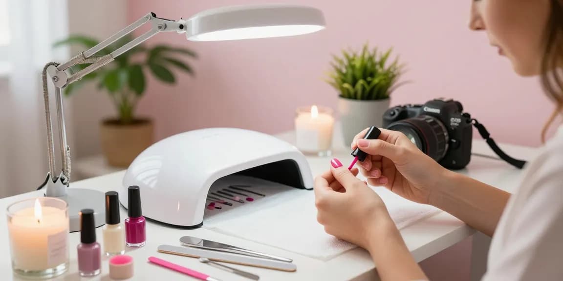 Aplicarea kit-ului unghii gel într-un studio de unghii acasă luminos, cu lacuri de unghii vibrante și unelte.