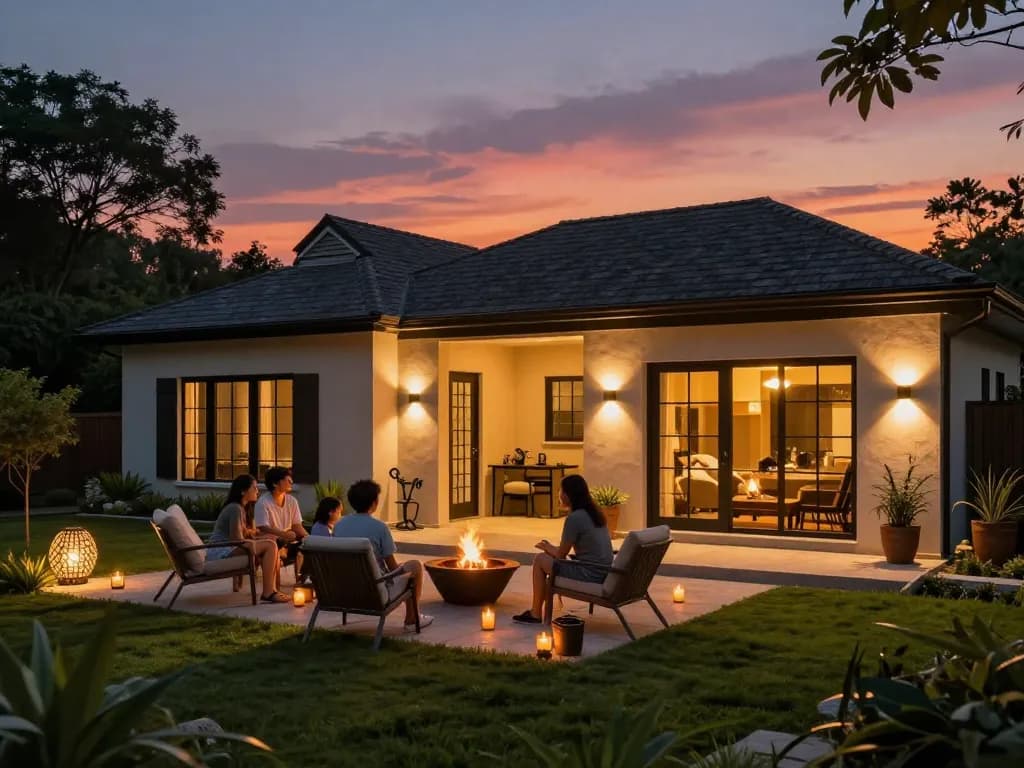 Modern home beautifully lit by dusk to dawn outdoor lights, creating a warm and inviting evening atmosphere.