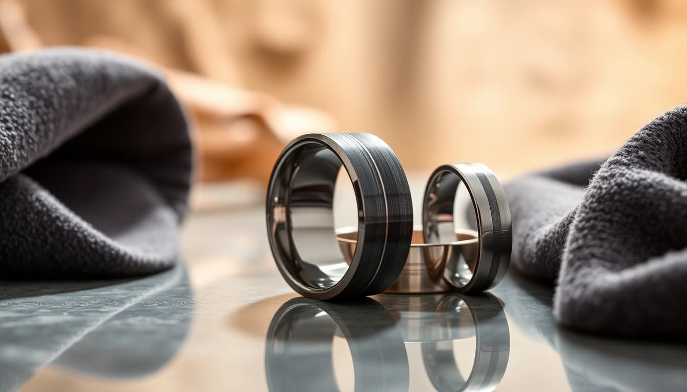 Showcasing elegant Tungsten rings on a reflective surface with soft lighting and stylish textures.