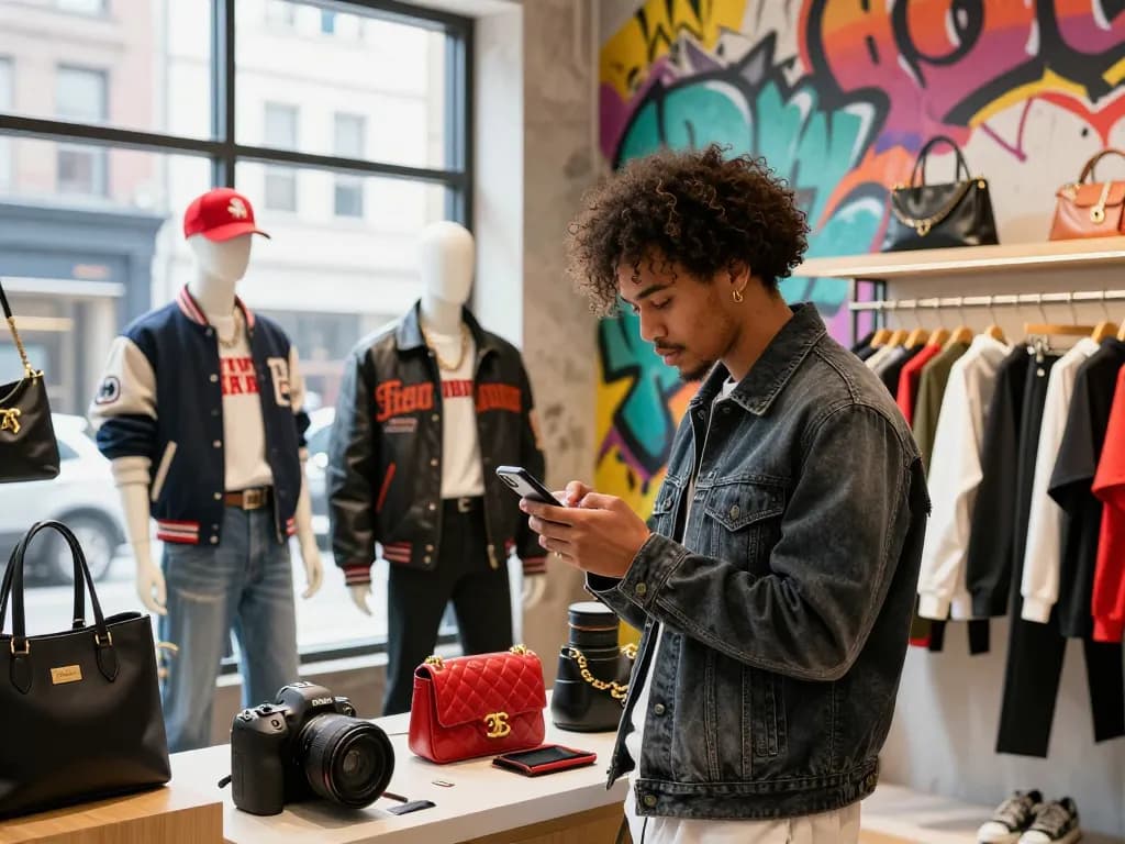 Stylish individual exploring a modern 레플리카 사이트 in an urban fashion retail environment.