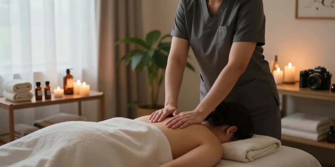 마사지 치료실에서 스웨디시 마사지를 받는 고객과 치료사 모습