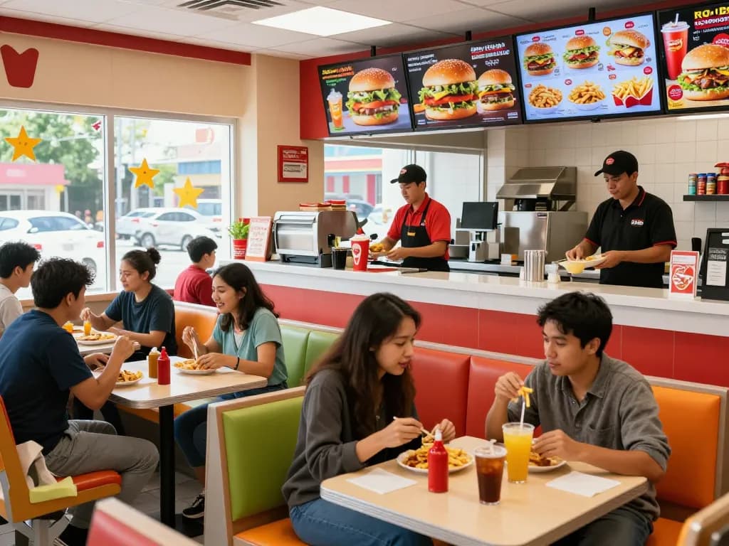 Fast food menu displayed in a lively restaurant with customers enjoying meals.