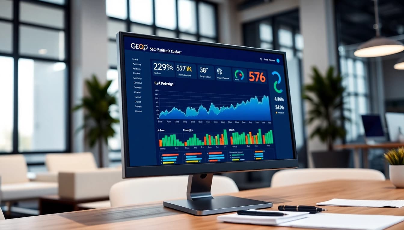 Analyze data with an SEO Rank Tracker showcased on a modern office computer.