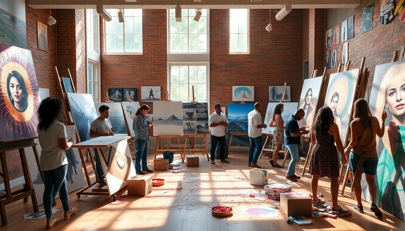 Creative artists collaborating in a vibrant studio, using image to prompt technology.