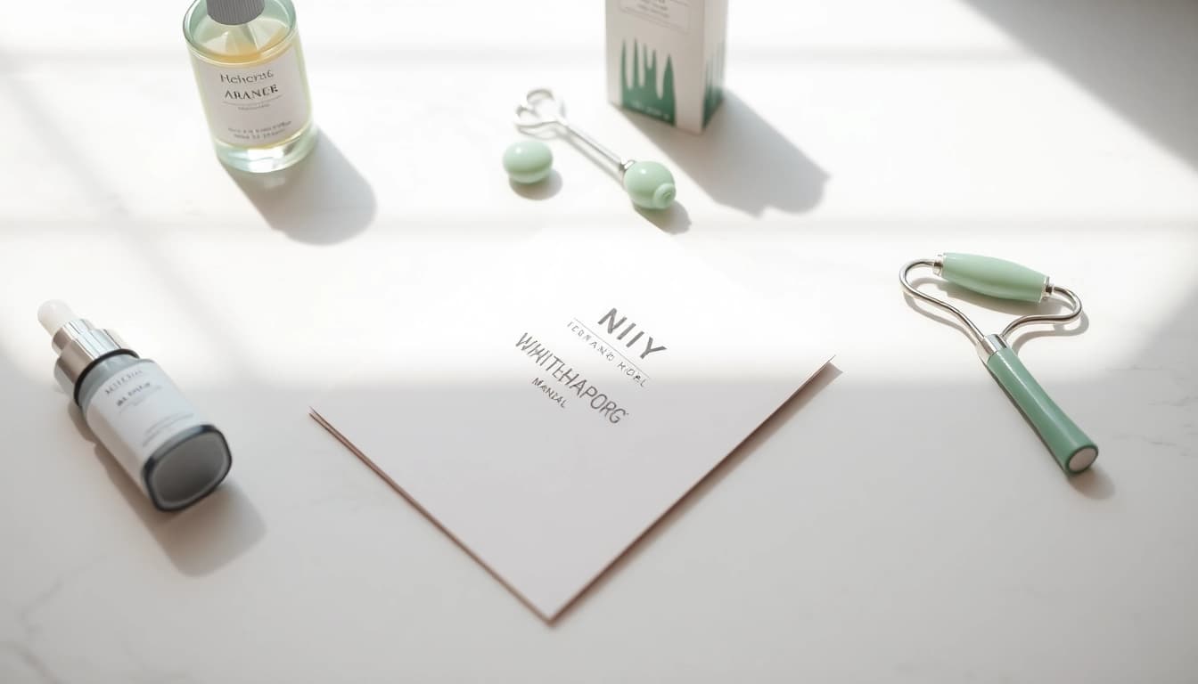 Facial whitening instrument manual placed aesthetically among beauty products.