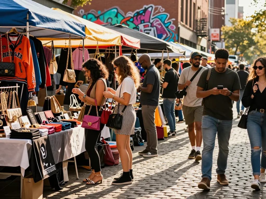 Shoppers exploring stylish 레플리카 fashion items in a vibrant urban marketplace.