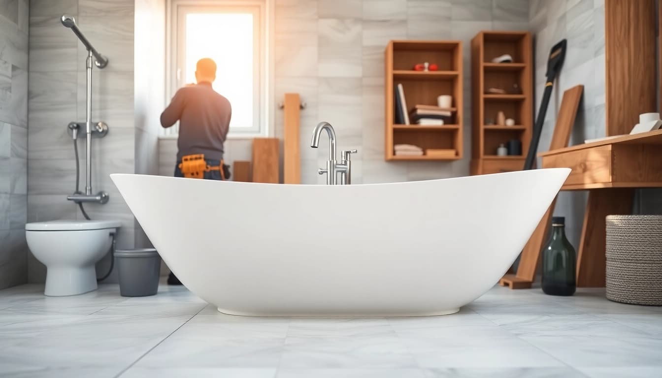 Skilled bathroom builders renovating a luxurious space with elegant features and natural light.