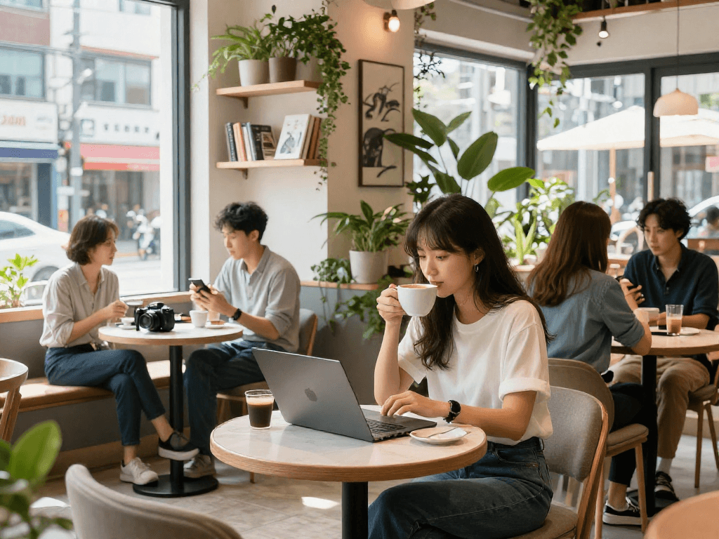 강남쩜오 멀리건에서 편안한 분위기 속 커피를 즐기는 젊은 여성의 모습