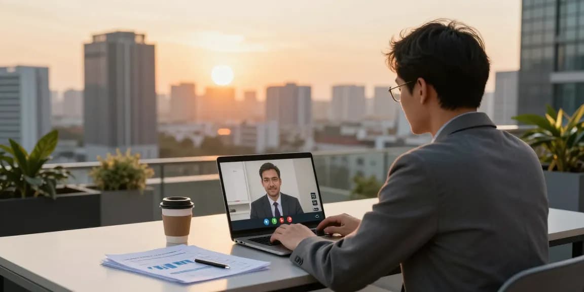 개인회생 상담 중인 모습, 재정 회복을 위한 문서와 노트북이 있는 도심 배경