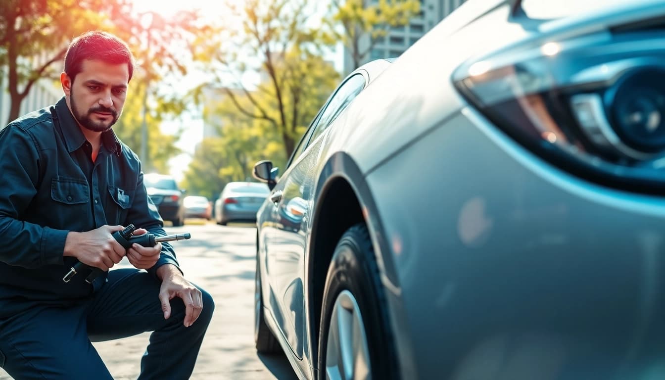 Mobile car repair technician skillfully working on a vehicle in an urban environment.