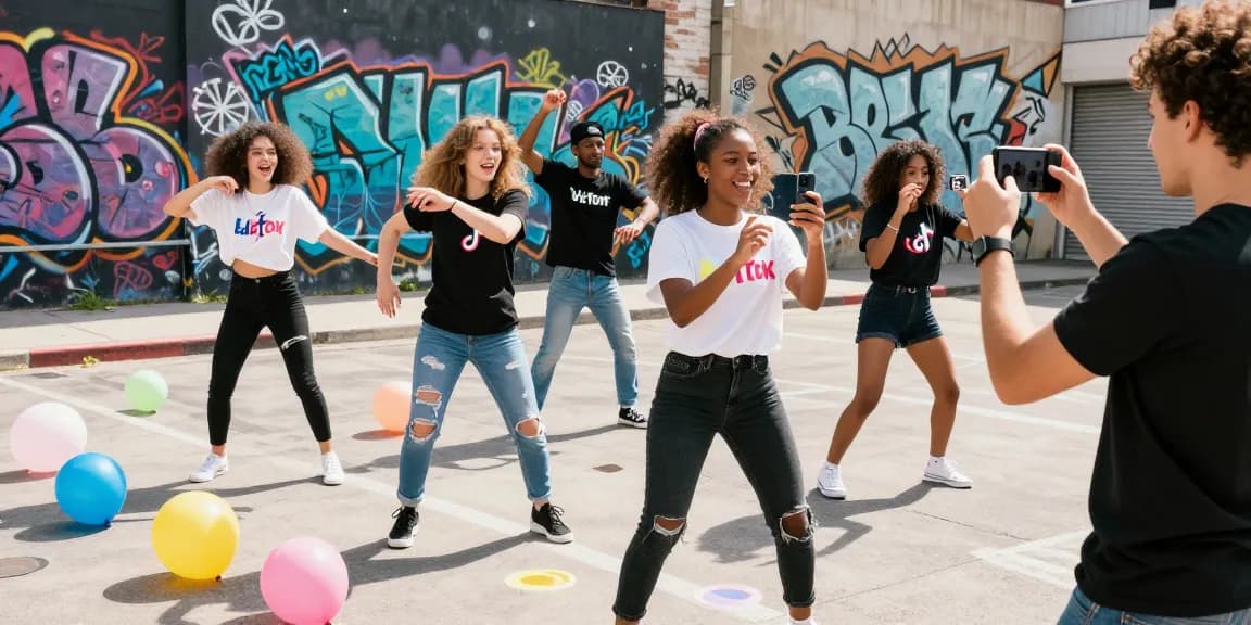 Group of creators filming TikTok videos together, showcasing how to become famous on TikTok with vibrant urban backdrop.