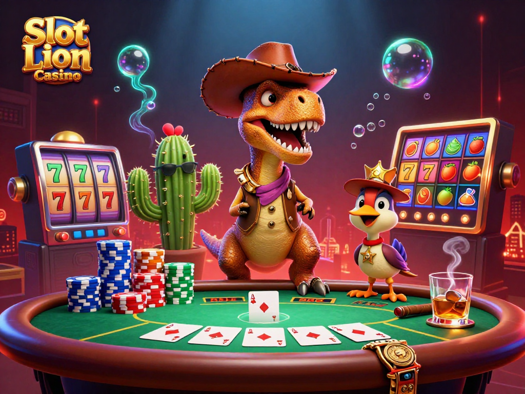 Experience thrilling wins at Slot Lion Casino with this vibrant 3D illustration featuring unique characters and gaming elements.