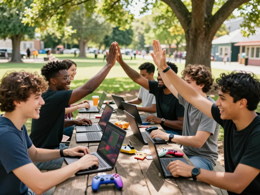 Exciting gaming community gathering at Ligasedayu with players enjoying online games outdoors.