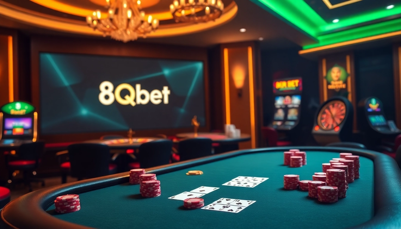 Experience thrilling gameplay with 8qbet's poker table illuminated in an elegant casino setting.