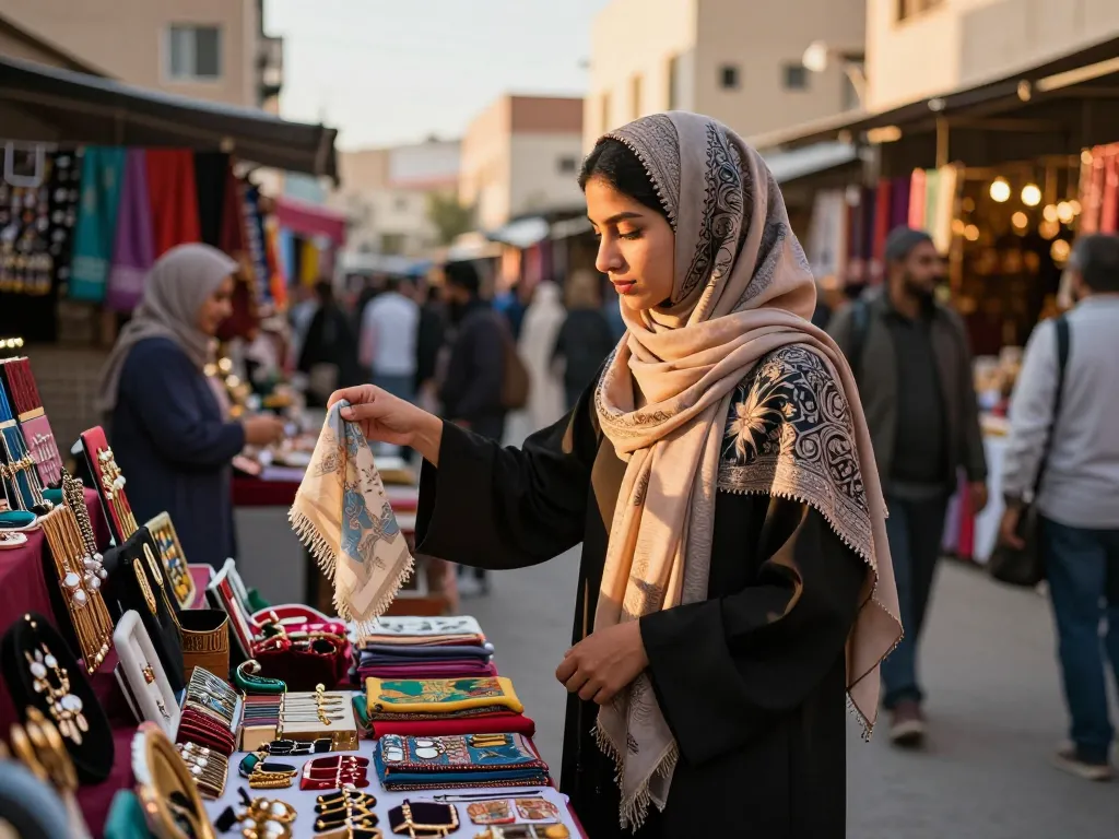 Young woman in stylish hijab exploring vibrant market for unique fashion accessories.