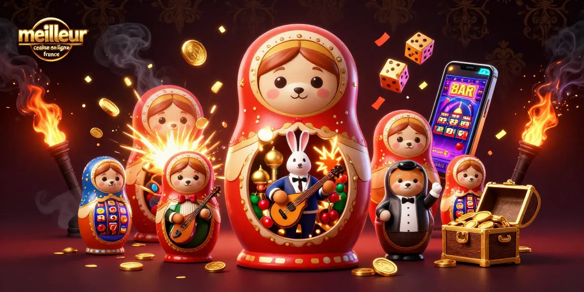 Image illustrant le meilleur casino en ligne France avec des ours Matryoshka et des éléments de jeu animés.