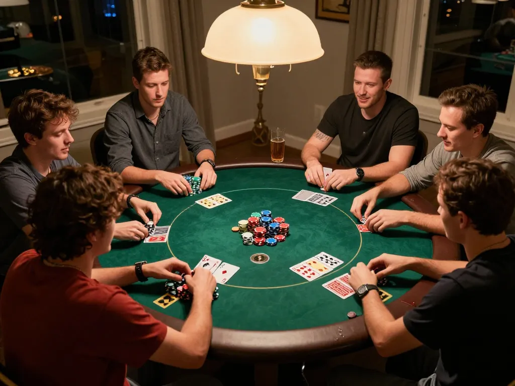 Enjoying a friendly home poker game with hnoslara, showcasing vibrant chips and engaged players.