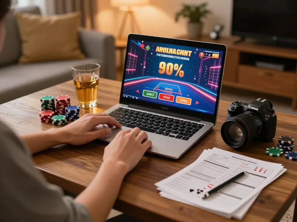 Engaging in online casino gameplay at home with HB 88, showcasing a warm atmosphere