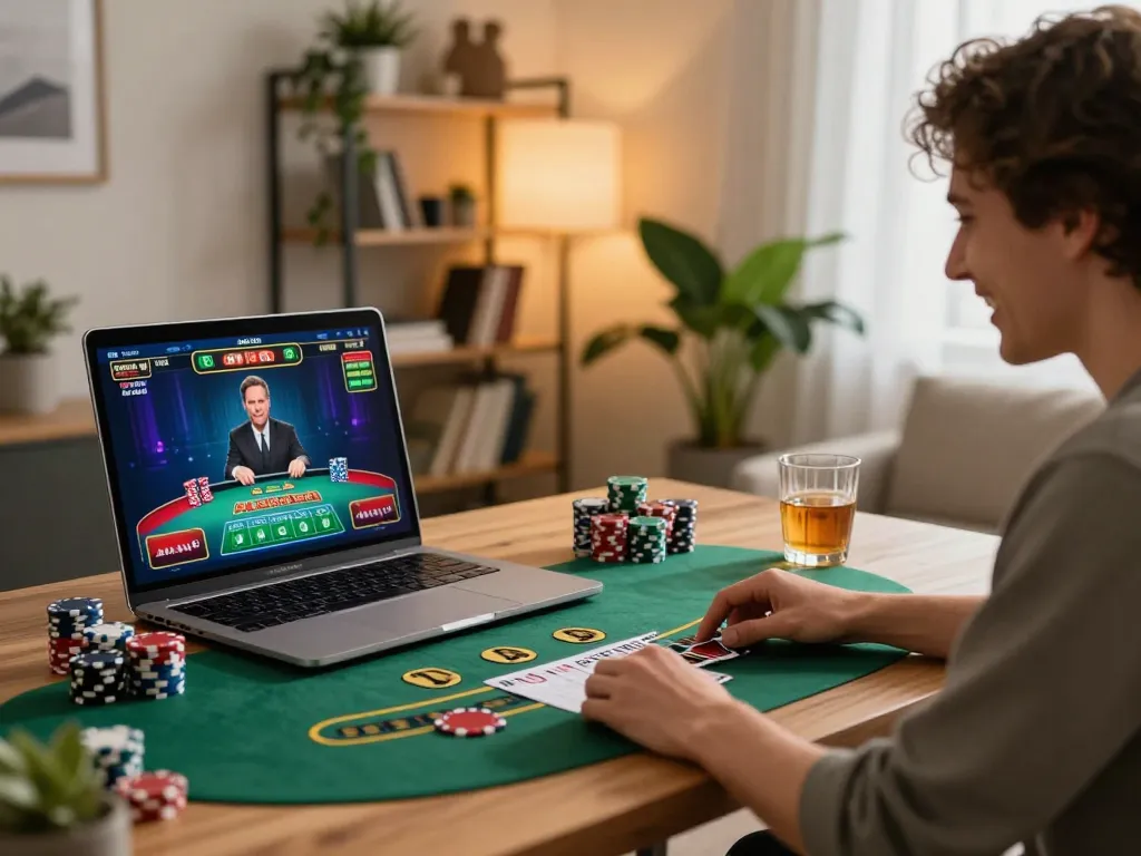 Engaging gameplay at online casinos Canada with live dealer blackjack on laptop, vibrant home office scene.
