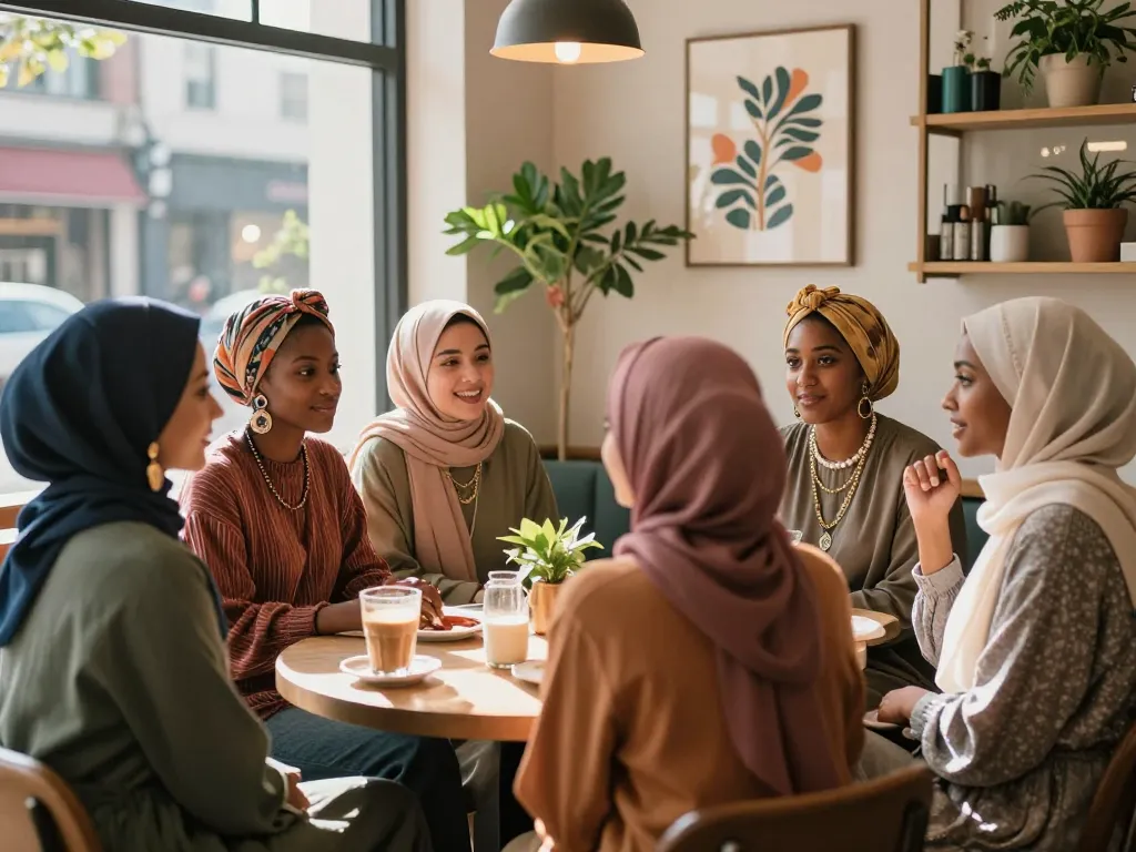Women in stylish hijabs engaged in conversation at a trendy cafe, showcasing modern urban fashion.