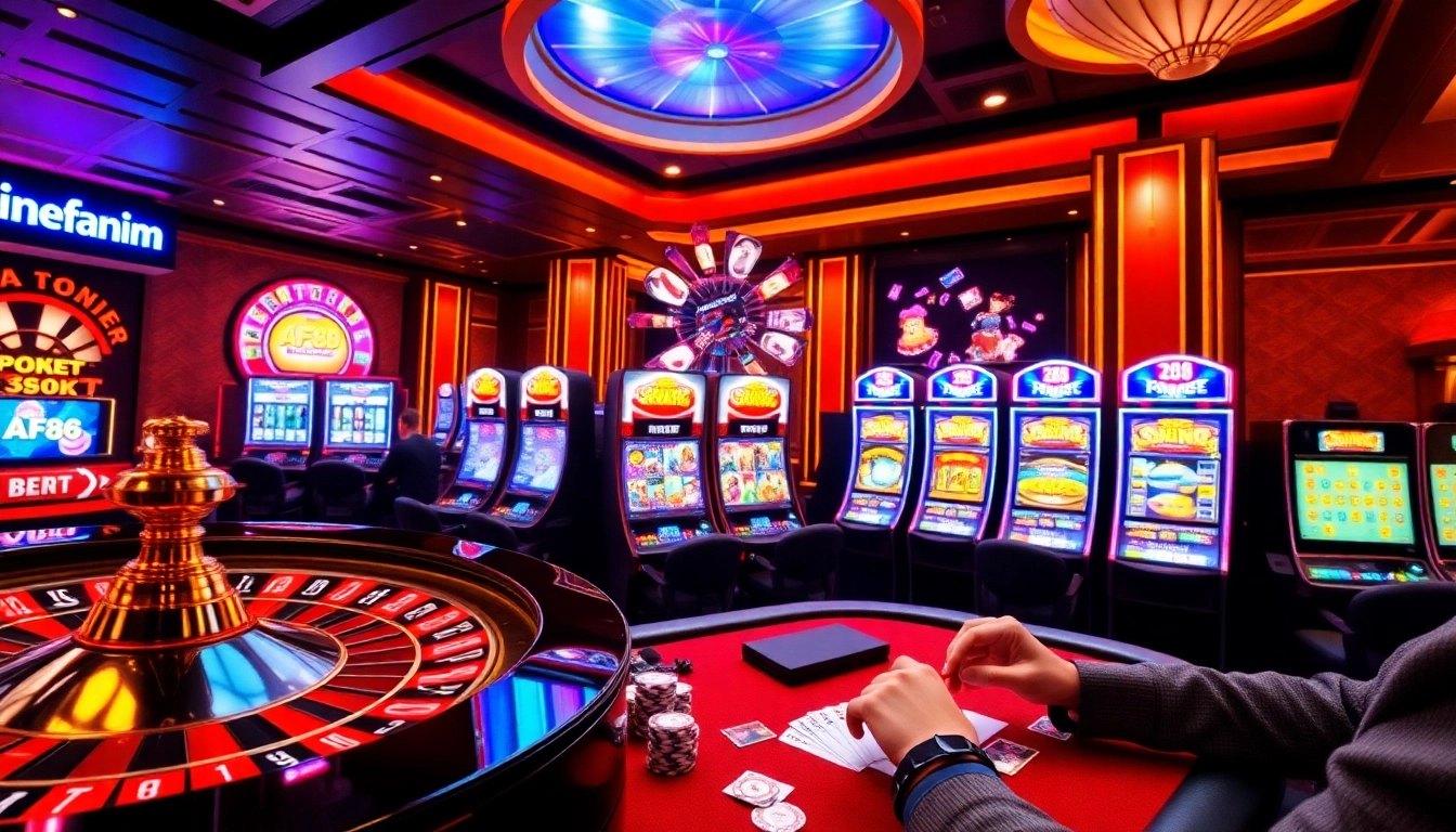 Experience the thrill of online gambling with AF88 in a visually stunning casino scene featuring vibrant tables and slot machines.