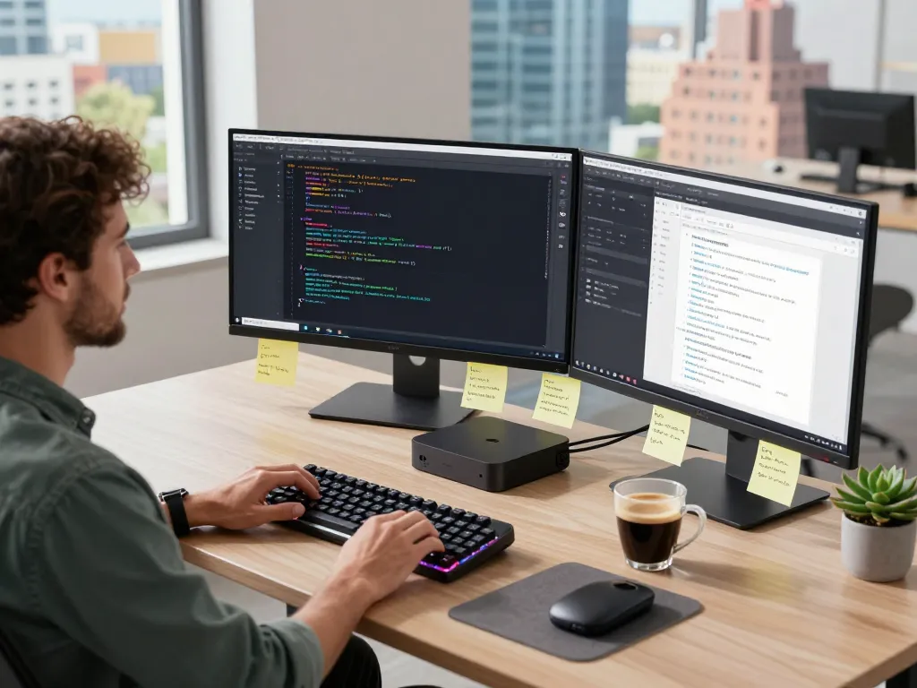 Developer using Moltbot Mac setup in a modern workspace with code and documentation.