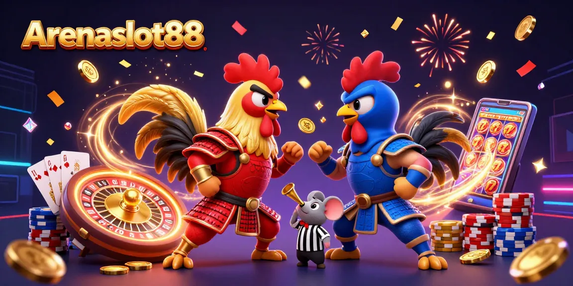 Rasakan keseruan bermain Arenaslot88 dengan ilustrasi ayam petarung yang unik dan keberuntungan dari mesin slot.