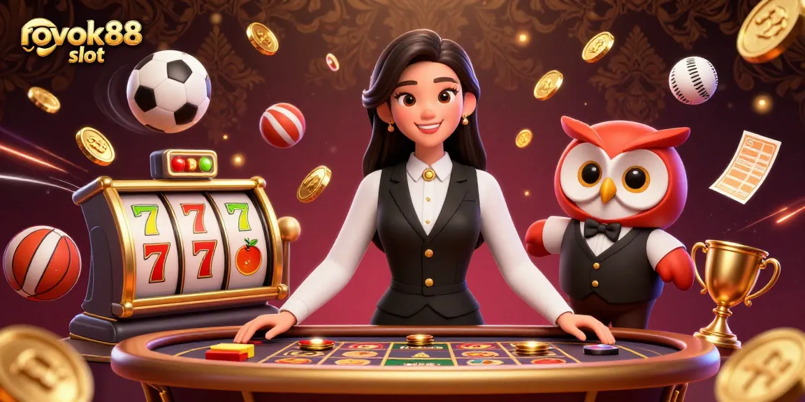 Spin the reels with rokok88 slot in this vibrant 3D casino illustration, enjoying a lively gaming experience.