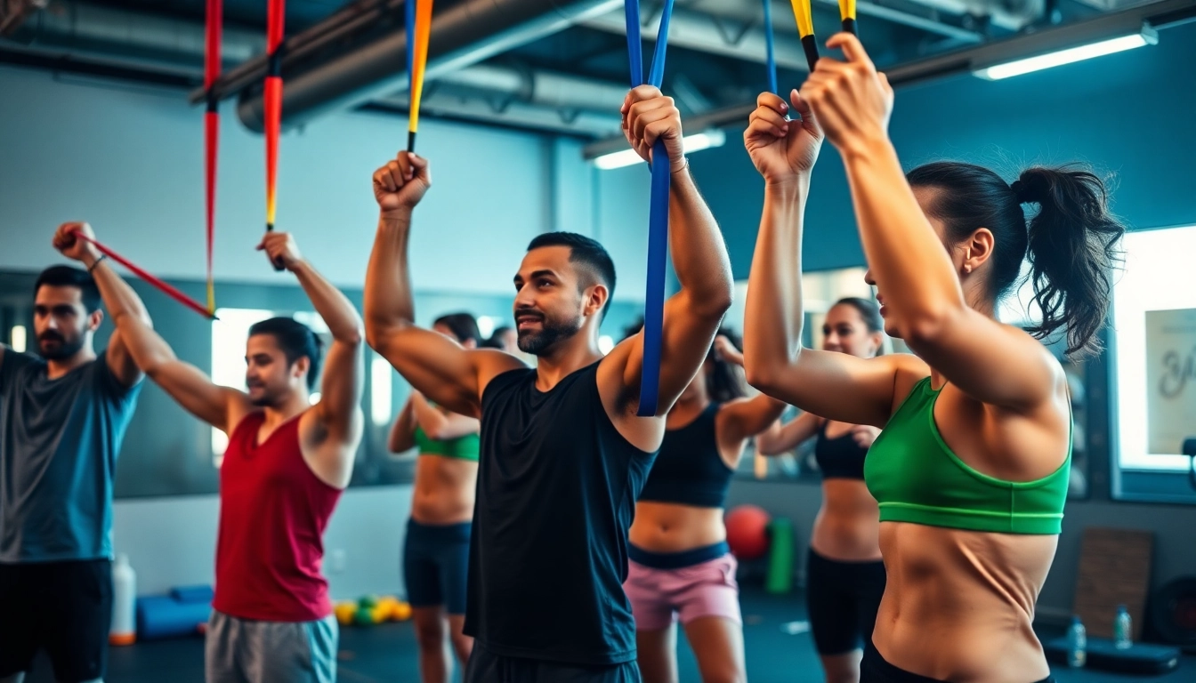 Individuals using a pull-up assist band in a fitness gym, showcasing strength and collaboration.