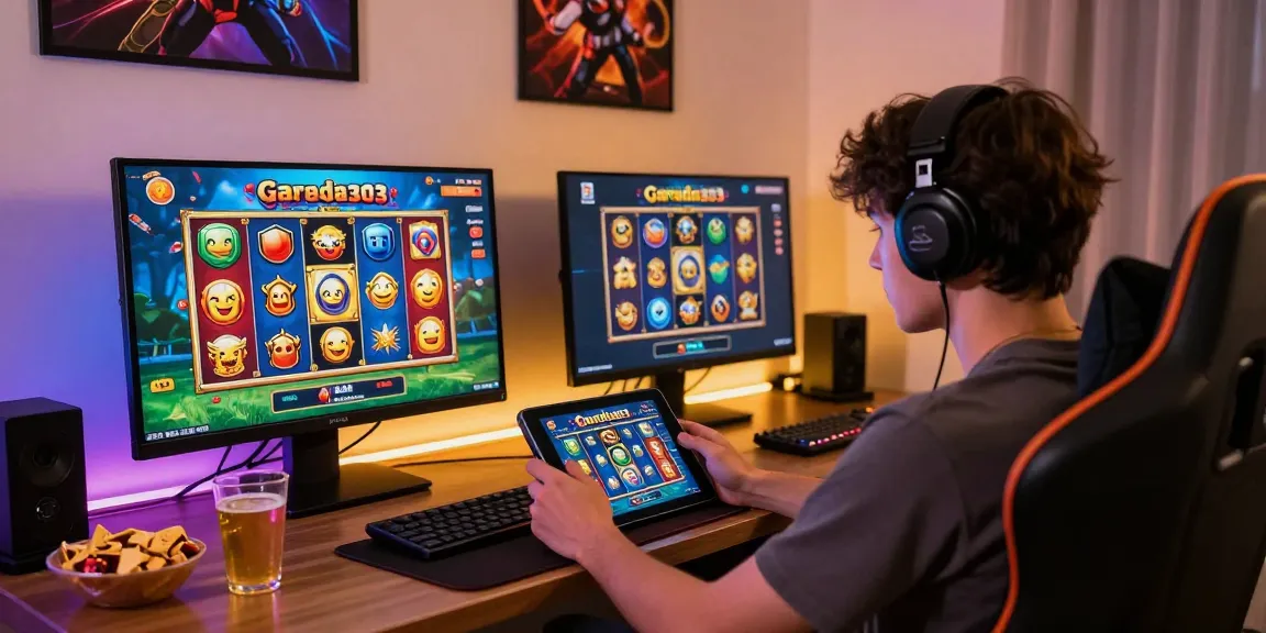 Player enjoying garuda303 slot game on tablet in vibrant home gaming room