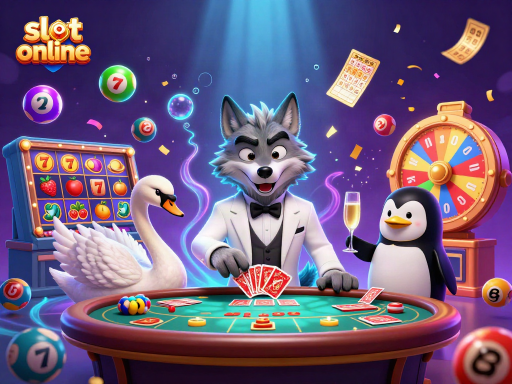 Experience the excitement of slot online as a debonair wolf, elegant swan, and sophisticated penguin enjoy a vibrant casino scene.