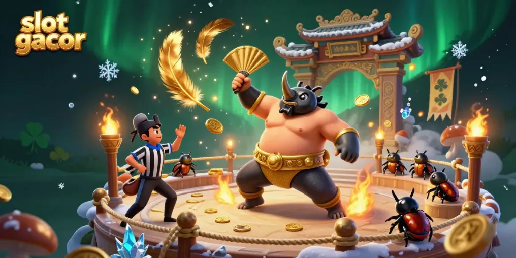 Experience the excitement of slot gacor with a powerful beetle champion amidst coins and festive elements.