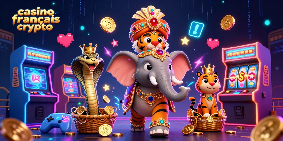 Illustration animée présentant des personnages de casino français crypto captivants avec jeux et éléments de blockchain.